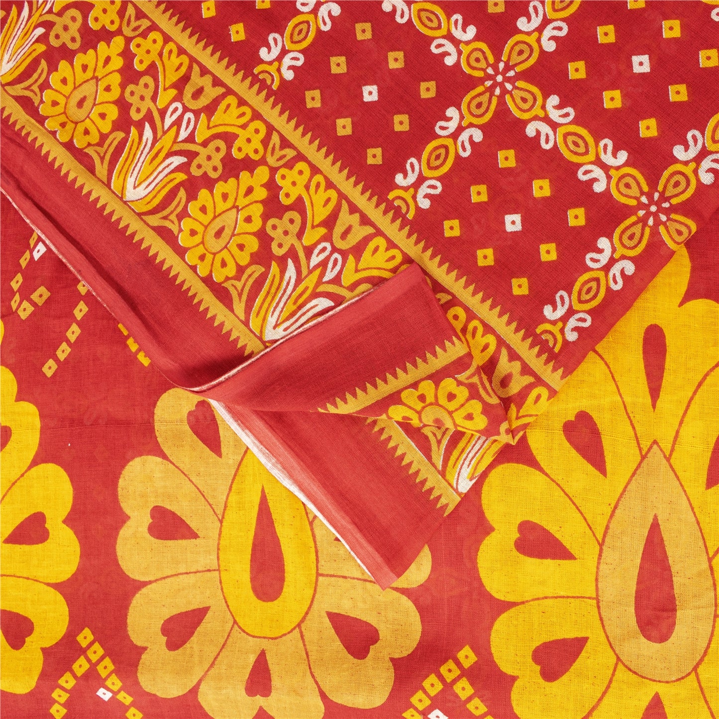 Sanskriti Vintage Sarees Red & Yellow Pure Cotton Printed Sari 5+yd Craft Fabric