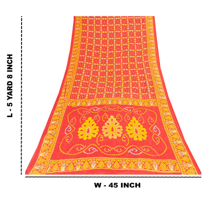Sanskriti Vintage Sarees Red & Yellow Pure Cotton Printed Sari 5+yd Craft Fabric