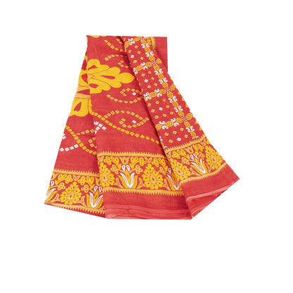 Sanskriti Vintage Sarees Red & Yellow Pure Cotton Printed Sari 5+yd Craft Fabric