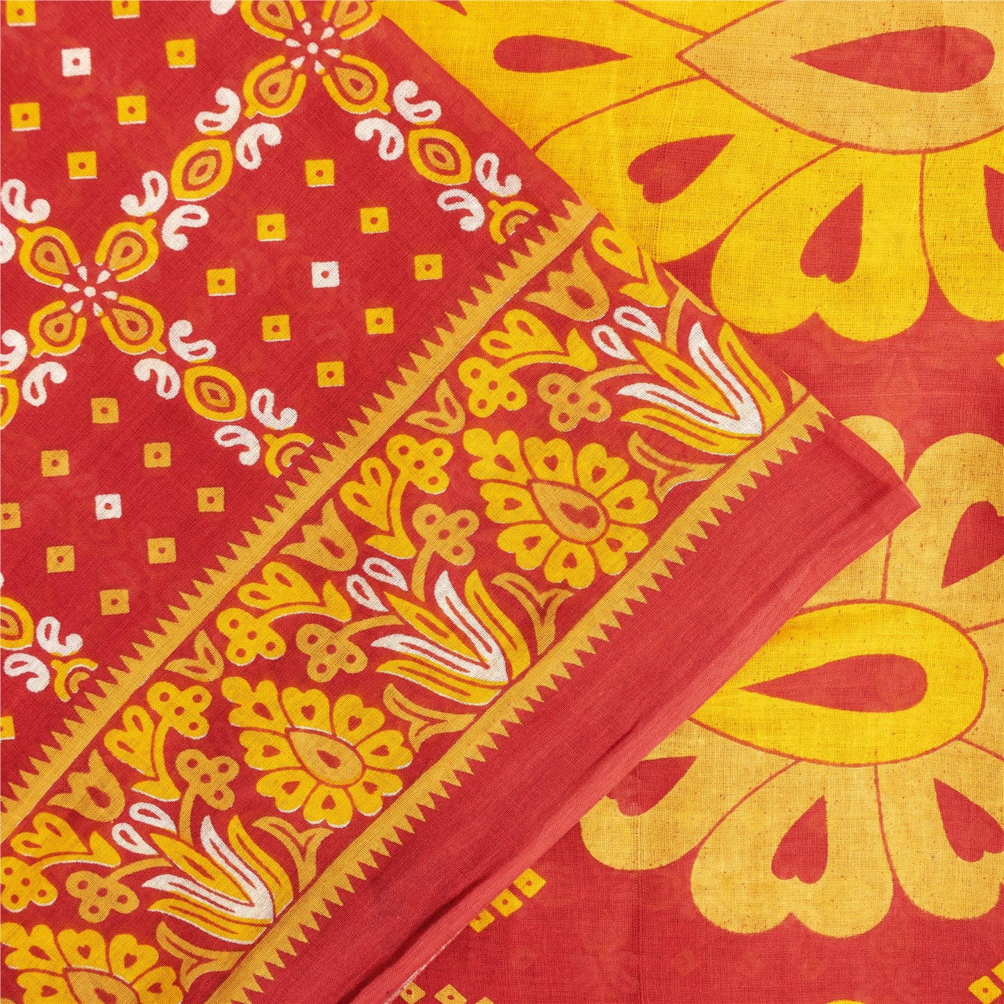 Sanskriti Vintage Sarees Red & Yellow Pure Cotton Printed Sari 5+yd Craft Fabric