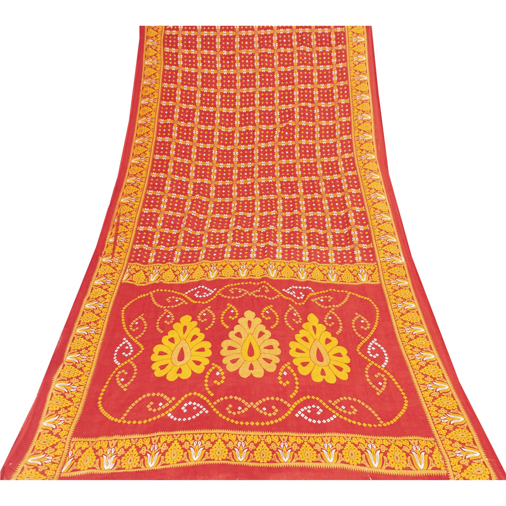 Sanskriti Vintage Sarees Red & Yellow Pure Cotton Printed Sari 5+yd Craft Fabric