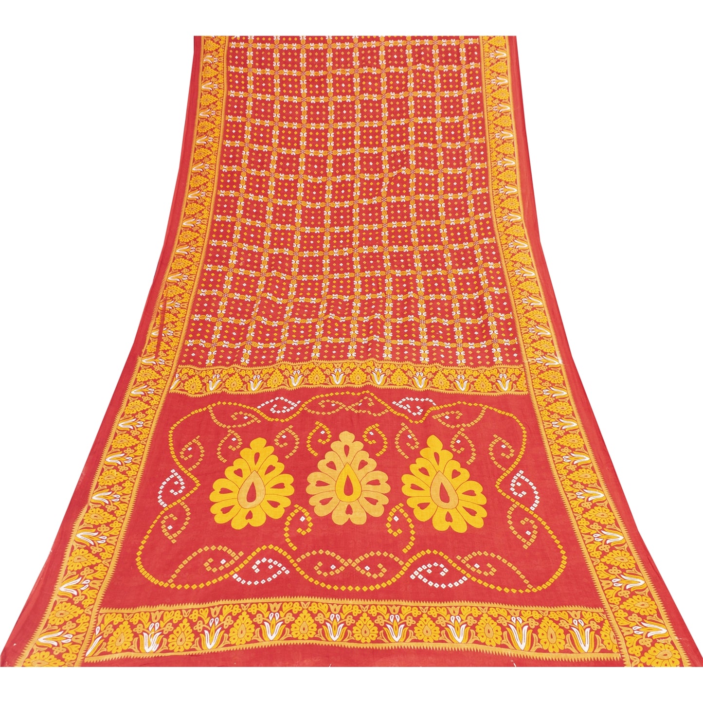 Sanskriti Vintage Sarees Red & Yellow Pure Cotton Printed Sari 5+yd Craft Fabric