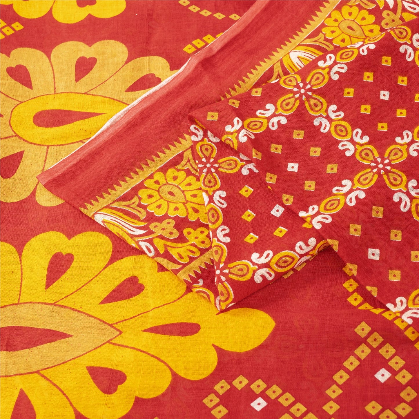 Sanskriti Vintage Sarees Red & Yellow Pure Cotton Printed Sari 5+yd Craft Fabric
