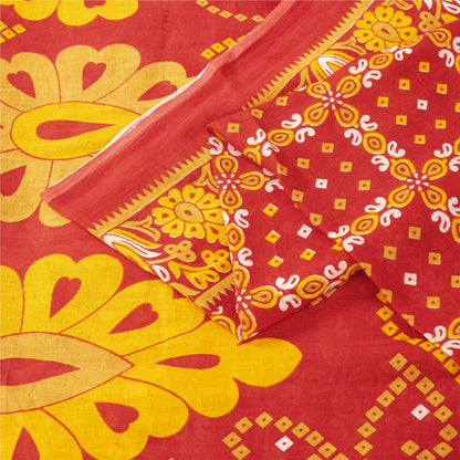Sanskriti Vintage Sarees Red & Yellow Pure Cotton Printed Sari 5+yd Craft Fabric