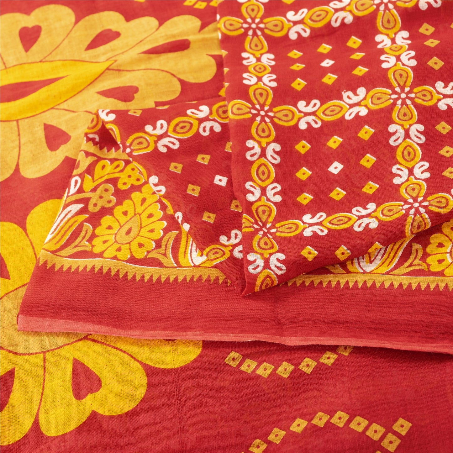 Sanskriti Vintage Sarees Red & Yellow Pure Cotton Printed Sari 5+yd Craft Fabric