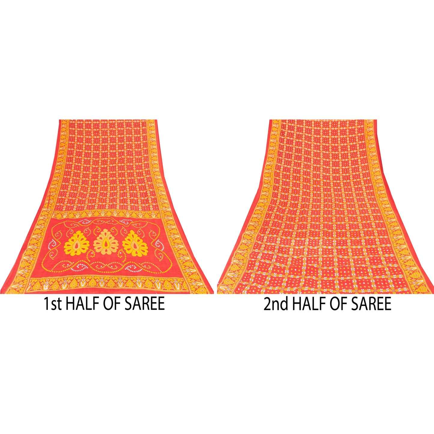 Sanskriti Vintage Sarees Red & Yellow Pure Cotton Printed Sari 5+yd Craft Fabric
