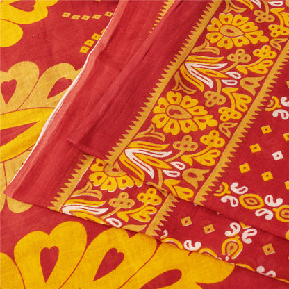 Sanskriti Vintage Sarees Red & Yellow Pure Cotton Printed Sari 5+yd Craft Fabric