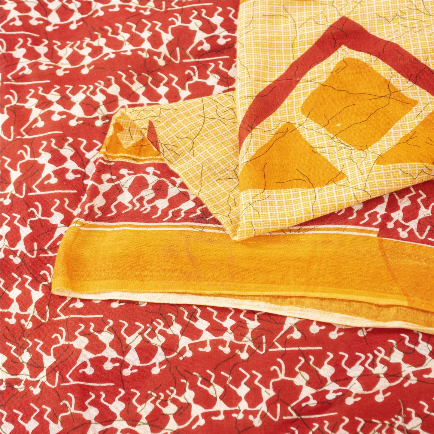 Sanskriti Vintage Sarees Cream & Red Pure Cotton Warli ArtPrint Sari 5+yd Fabric