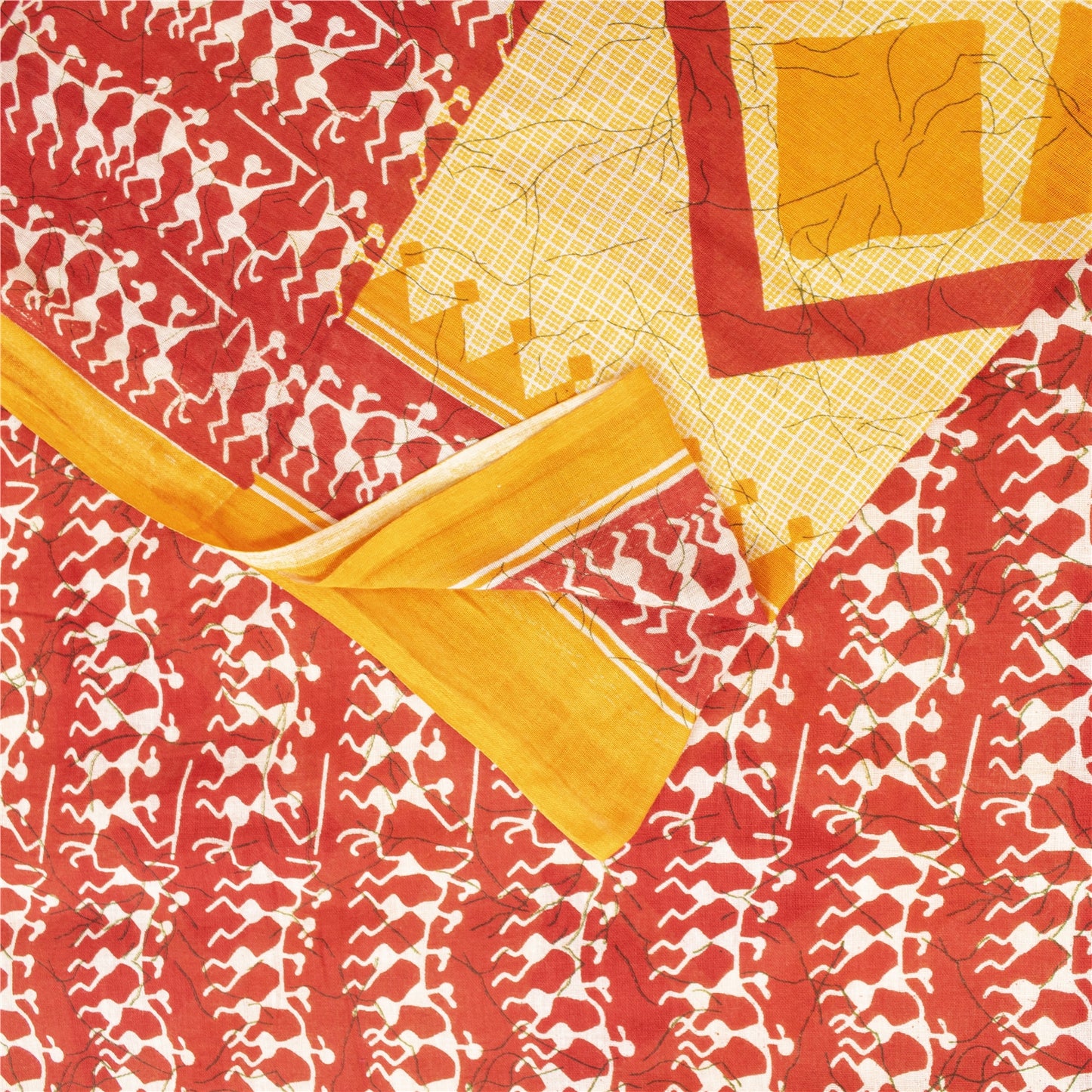 Sanskriti Vintage Sarees Cream & Red Pure Cotton Warli ArtPrint Sari 5+yd Fabric