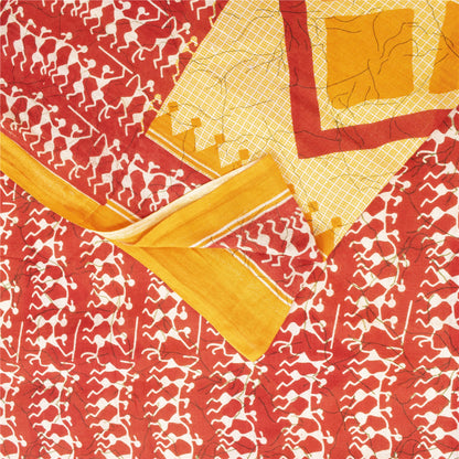 Sanskriti Vintage Sarees Cream & Red Pure Cotton Warli ArtPrint Sari 5+yd Fabric
