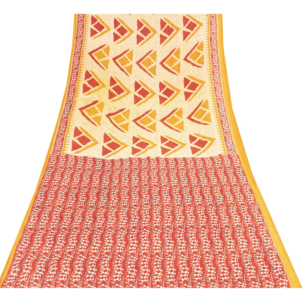 Sanskriti Vintage Sarees Cream & Red Pure Cotton Warli ArtPrint Sari 5+yd Fabric