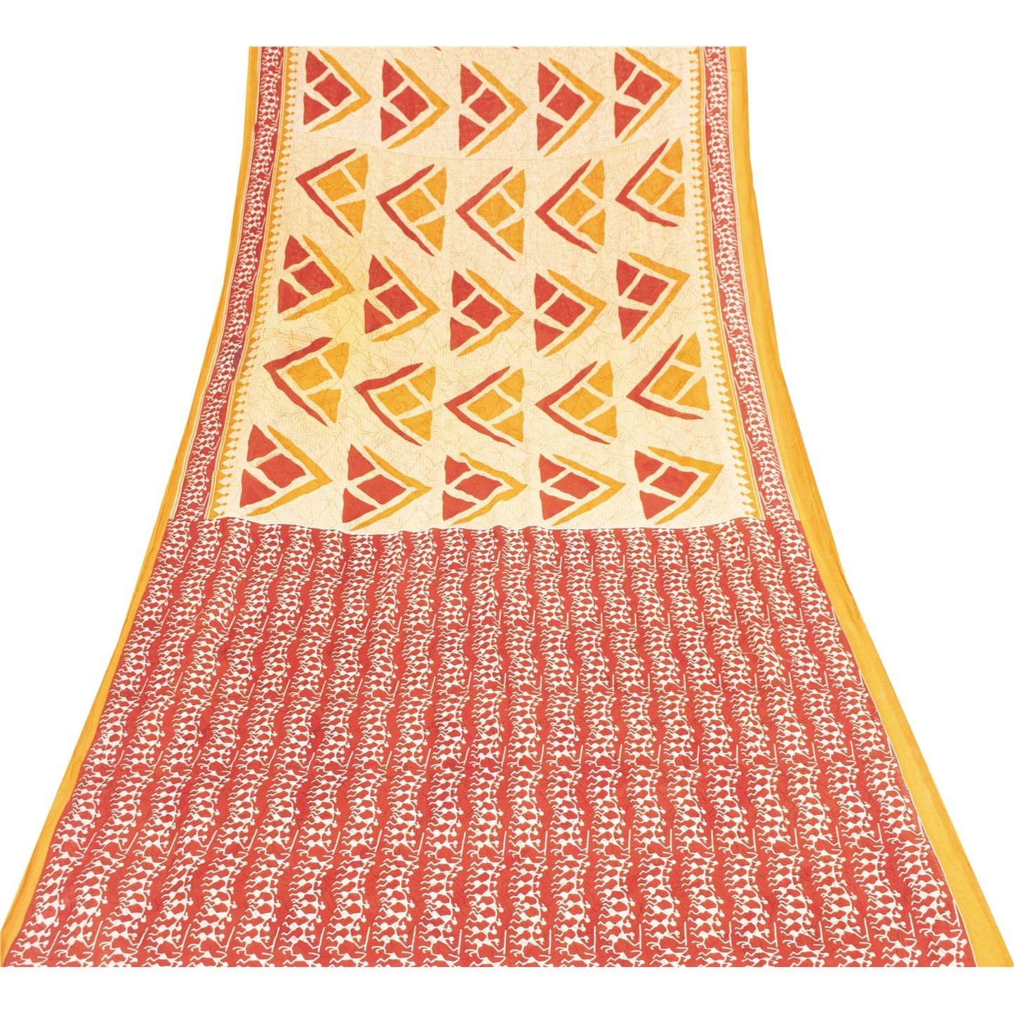 Sanskriti Vintage Sarees Cream & Red Pure Cotton Warli ArtPrint Sari 5+yd Fabric