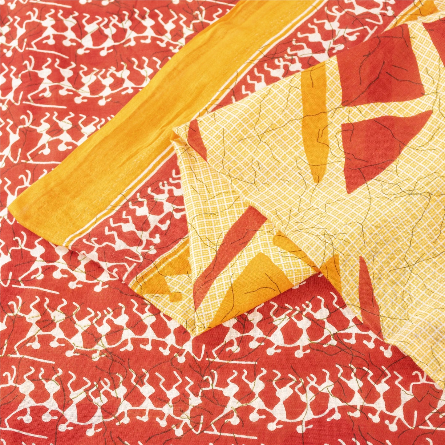 Sanskriti Vintage Sarees Cream & Red Pure Cotton Warli ArtPrint Sari 5+yd Fabric