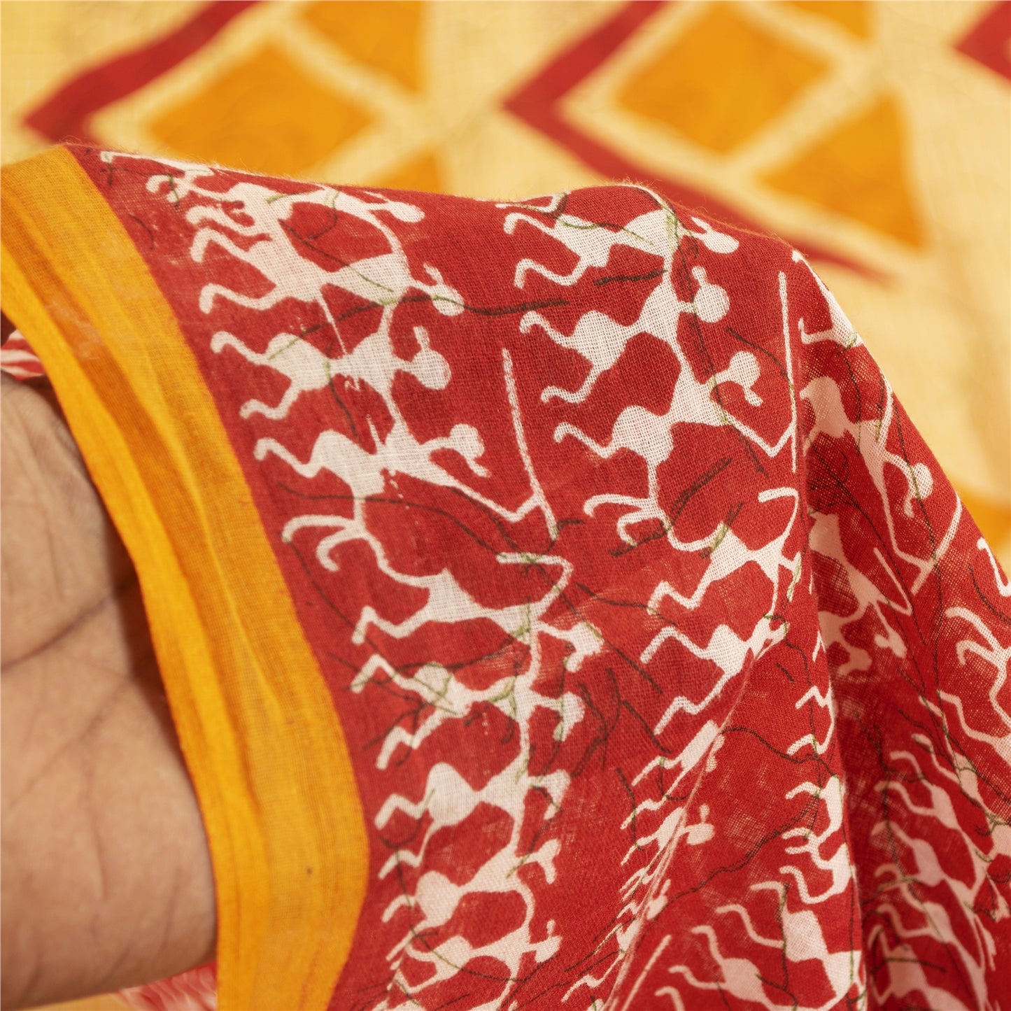 Sanskriti Vintage Sarees Cream & Red Pure Cotton Warli ArtPrint Sari 5+yd Fabric