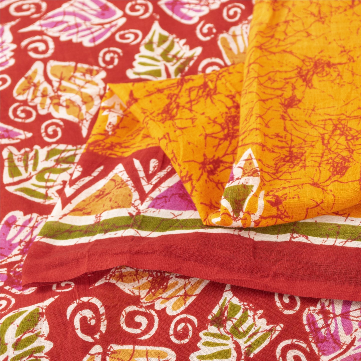 Sanskriti Vintage Sarees Yellow & Red Pure Cotton Printed Sari 5+yd Craft Fabric