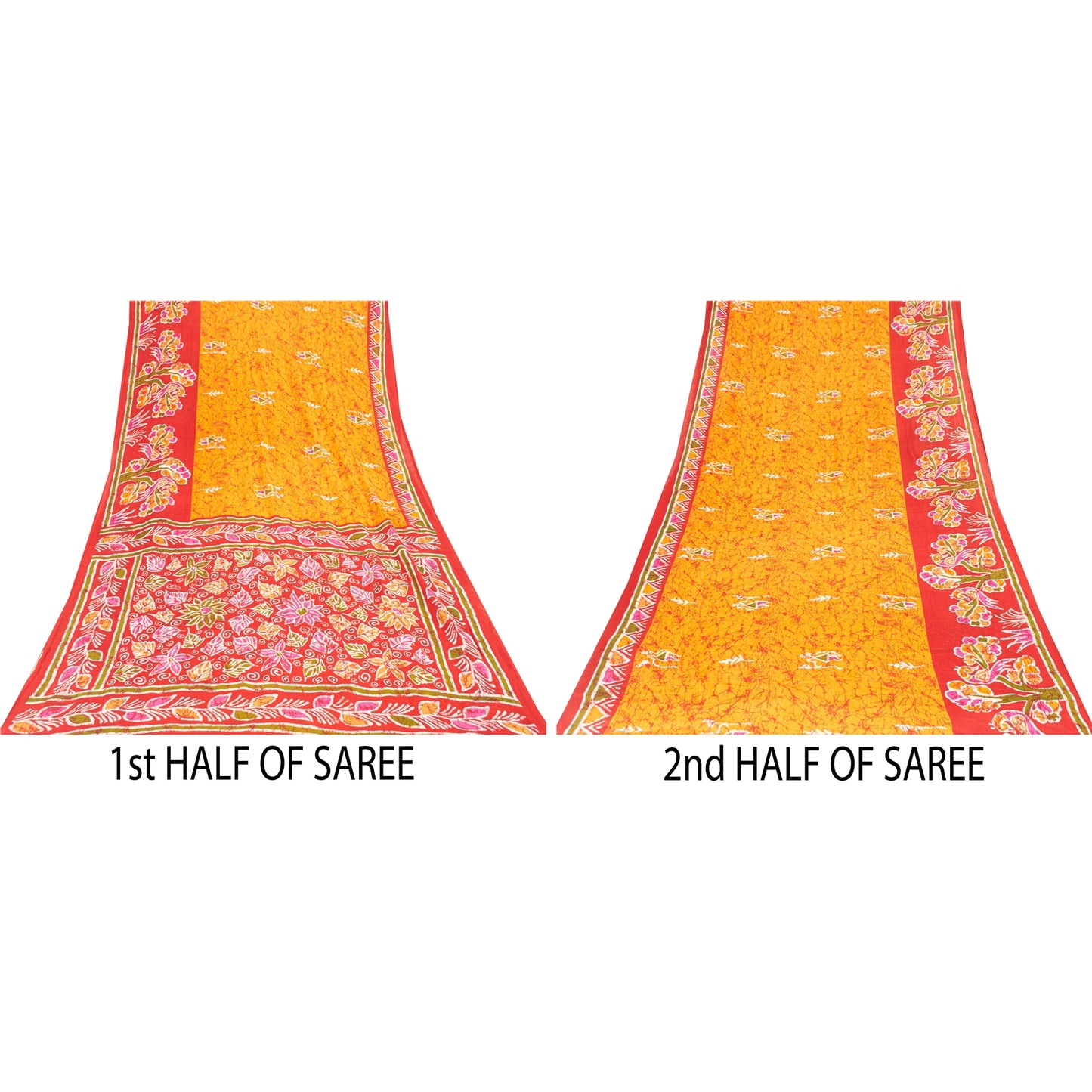 Sanskriti Vintage Sarees Yellow & Red Pure Cotton Printed Sari 5+yd Craft Fabric