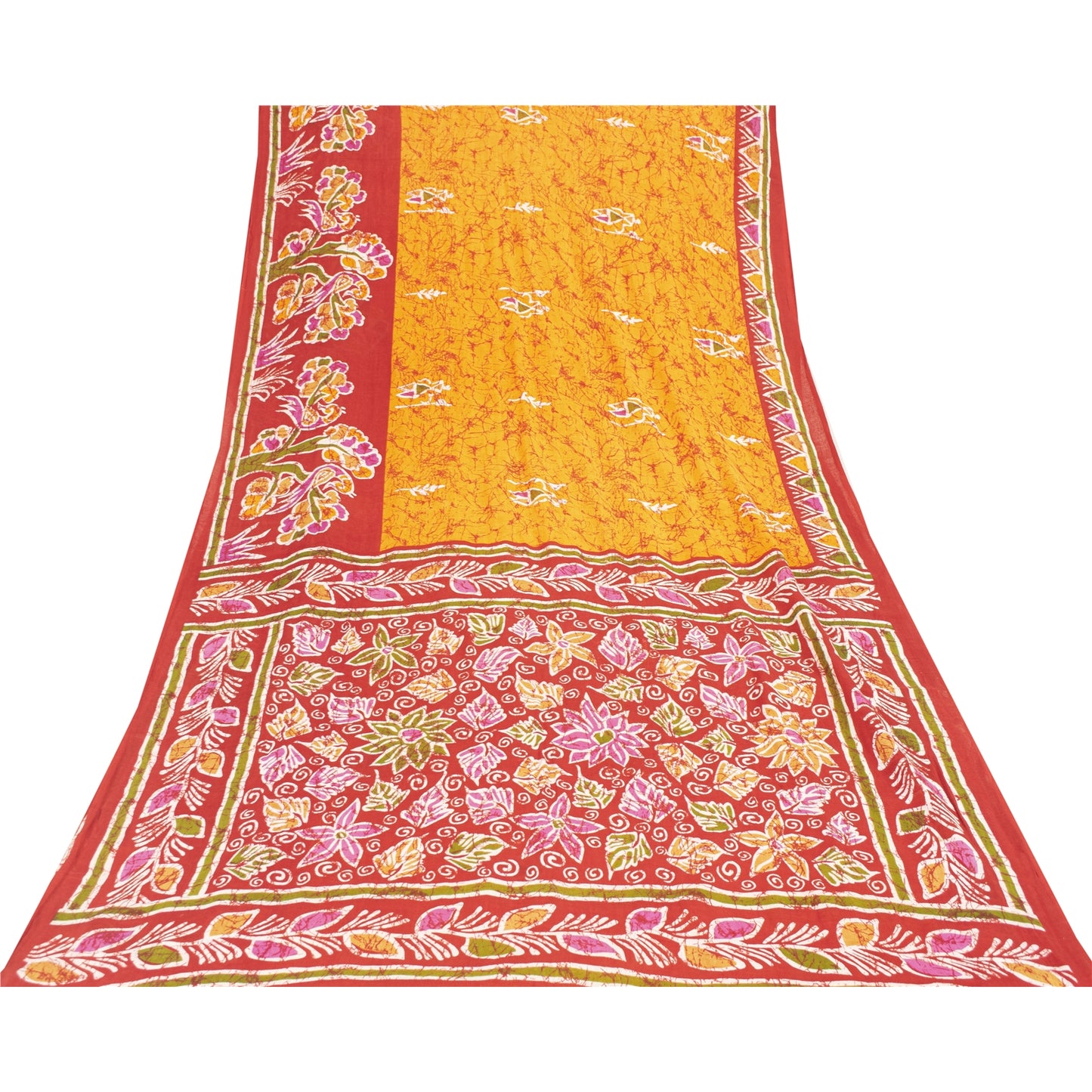 Sanskriti Vintage Sarees Yellow & Red Pure Cotton Printed Sari 5+yd Craft Fabric