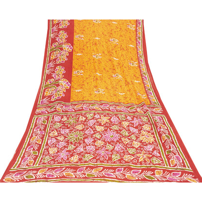 Sanskriti Vintage Sarees Yellow & Red Pure Cotton Printed Sari 5+yd Craft Fabric