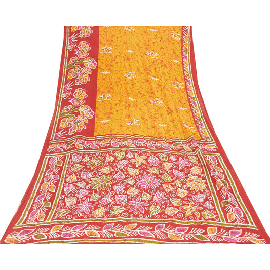 Sanskriti Vintage Sarees Yellow & Red Pure Cotton Printed Sari 5+yd Craft Fabric