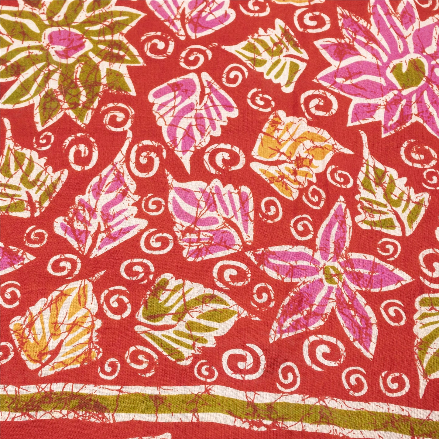 Sanskriti Vintage Sarees Yellow & Red Pure Cotton Printed Sari 5+yd Craft Fabric