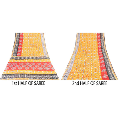 Sanskriti Vintage Sarees Yellow Pure Cotton Geometric Printed Sari 5+yd Fabric