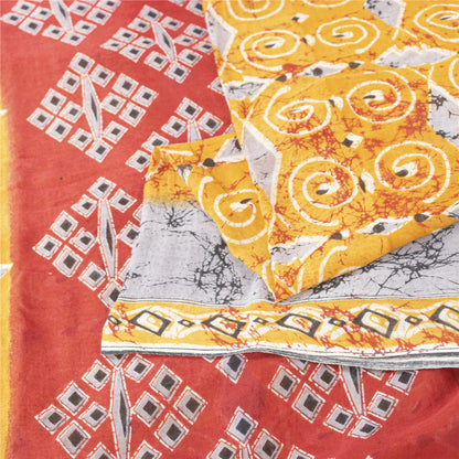 Sanskriti Vintage Sarees Yellow Pure Cotton Geometric Printed Sari 5+yd Fabric