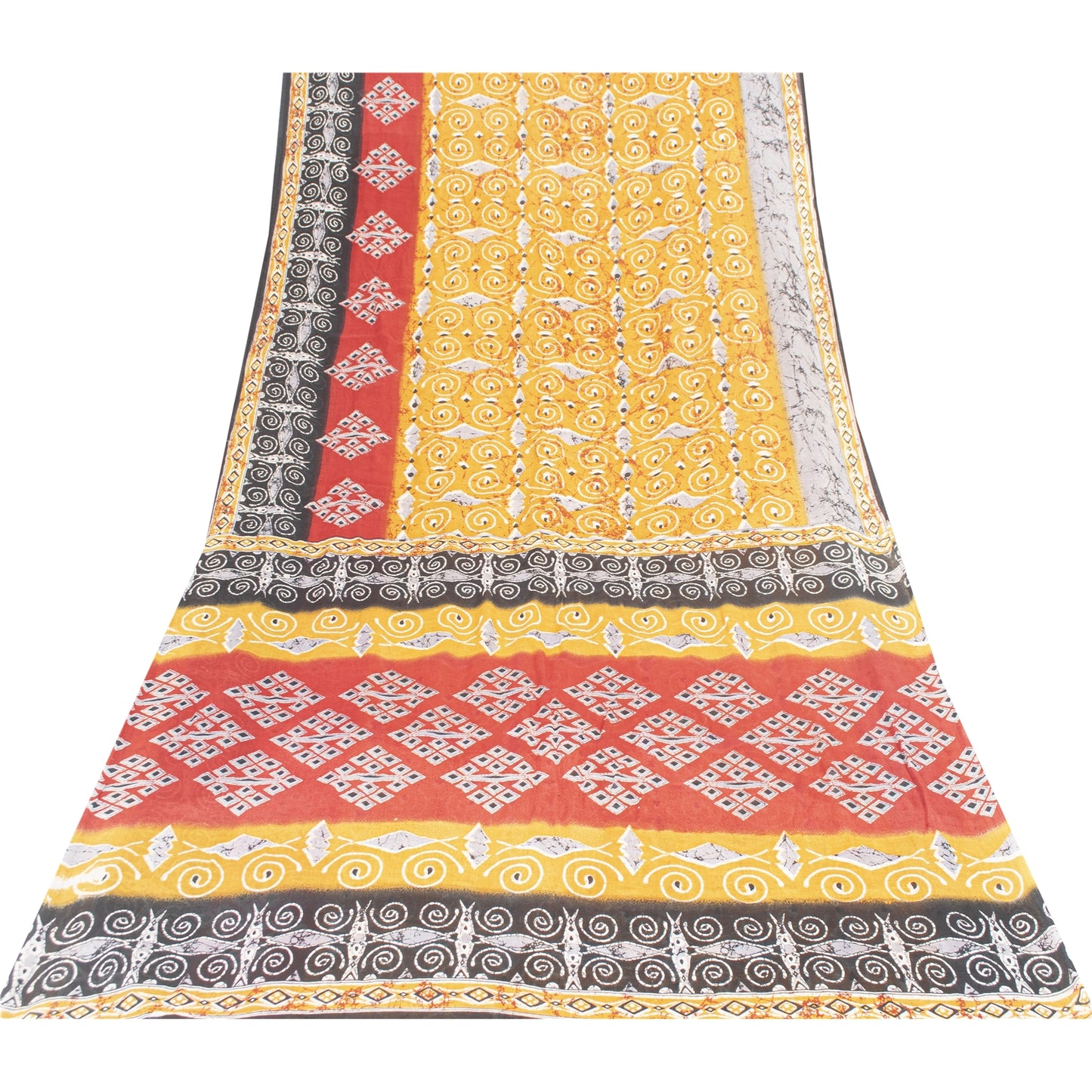 Sanskriti Vintage Sarees Yellow Pure Cotton Geometric Printed Sari 5+yd Fabric