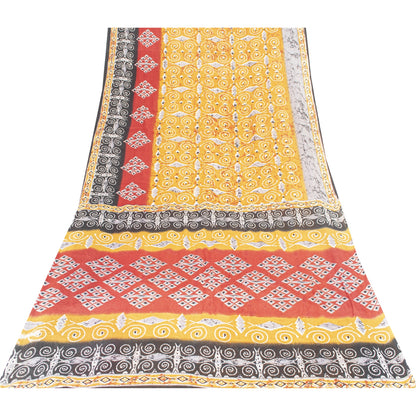 Sanskriti Vintage Sarees Yellow Pure Cotton Geometric Printed Sari 5+yd Fabric