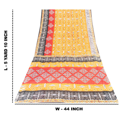 Sanskriti Vintage Sarees Yellow Pure Cotton Geometric Printed Sari 5+yd Fabric