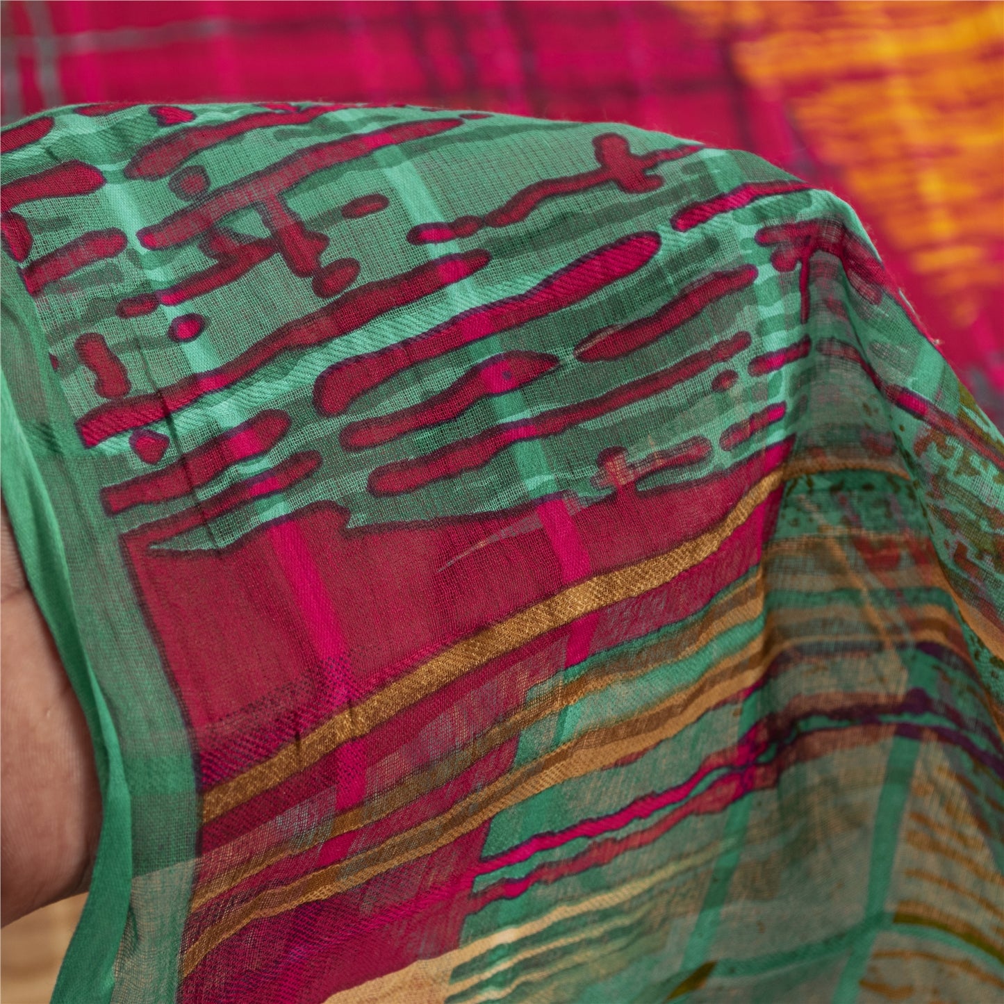 Sanskriti Vintage Sarees Pink Pure Cotton Abstract Print Sari 5+yd Craft Fabric