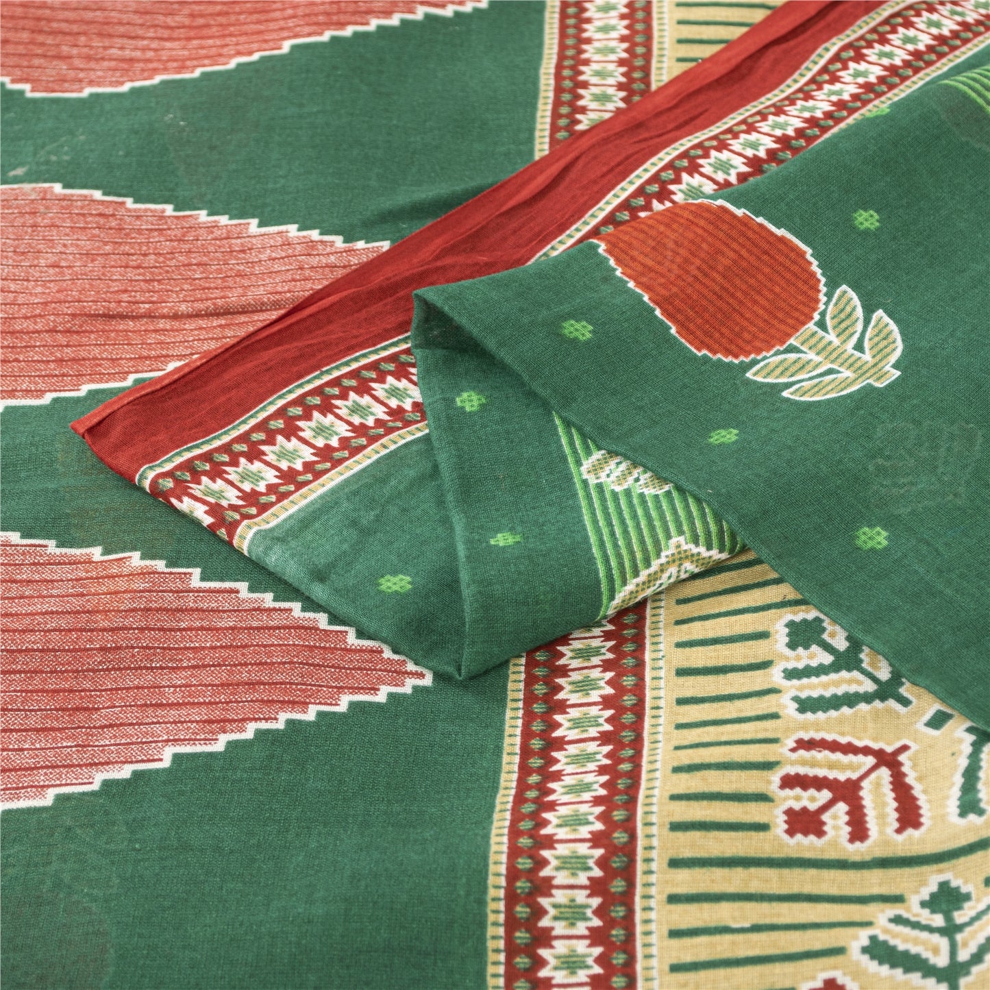 Sanskriti Vintage Sarees Indian Green Pure Cotton Printed Sari 5+yd Craft Fabric