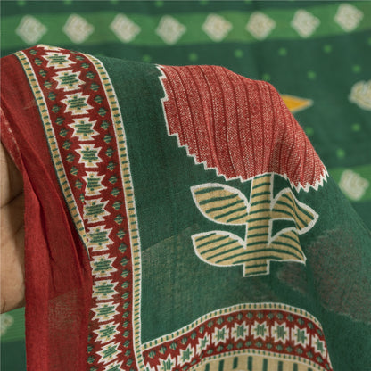 Sanskriti Vintage Sarees Indian Green Pure Cotton Printed Sari 5+yd Craft Fabric