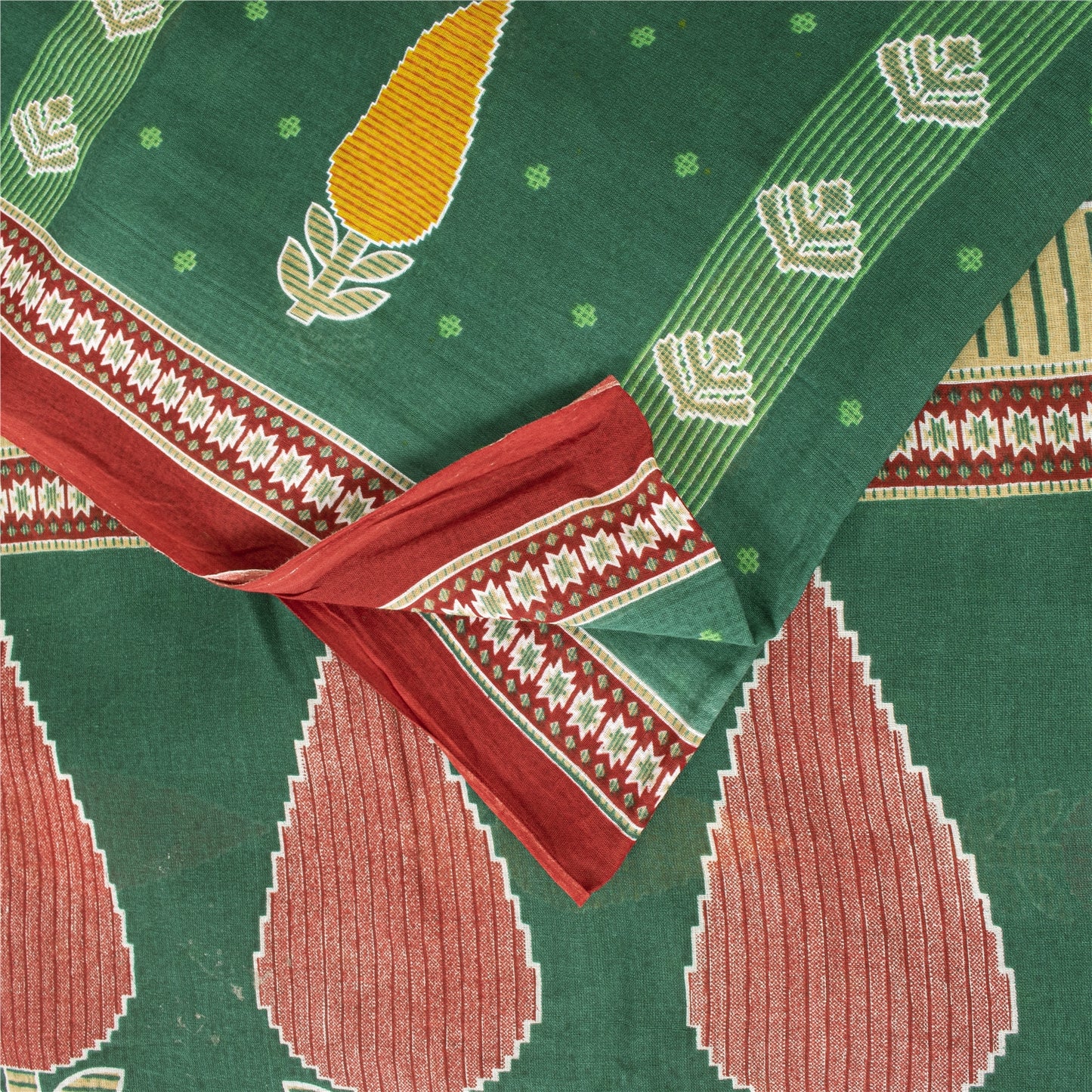 Sanskriti Vintage Sarees Indian Green Pure Cotton Printed Sari 5+yd Craft Fabric