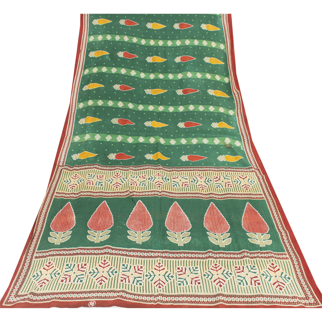 Sanskriti Vintage Sarees Indian Green Pure Cotton Printed Sari 5+yd Craft Fabric