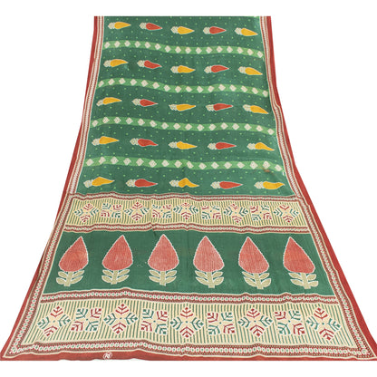 Sanskriti Vintage Sarees Indian Green Pure Cotton Printed Sari 5+yd Craft Fabric