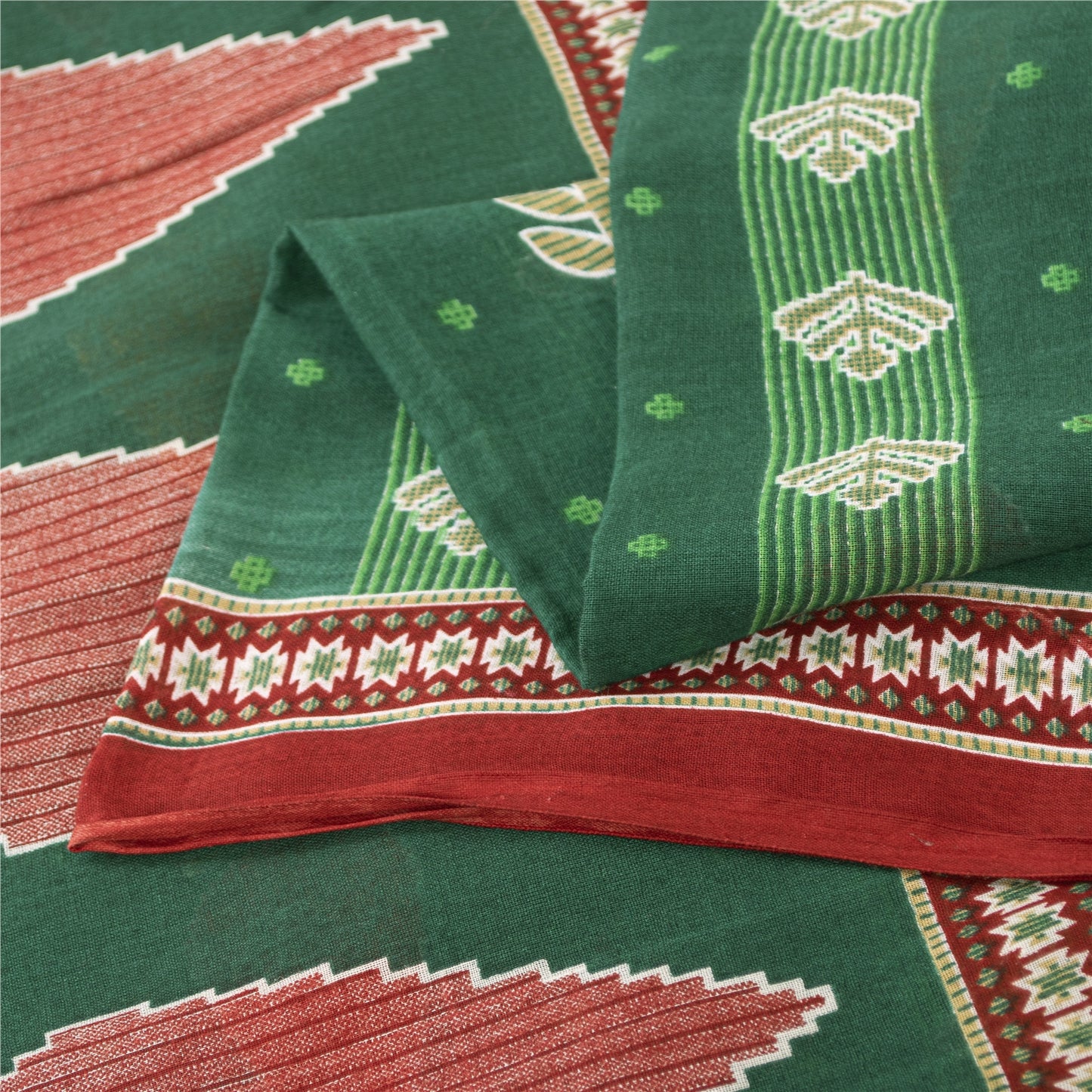 Sanskriti Vintage Sarees Indian Green Pure Cotton Printed Sari 5+yd Craft Fabric