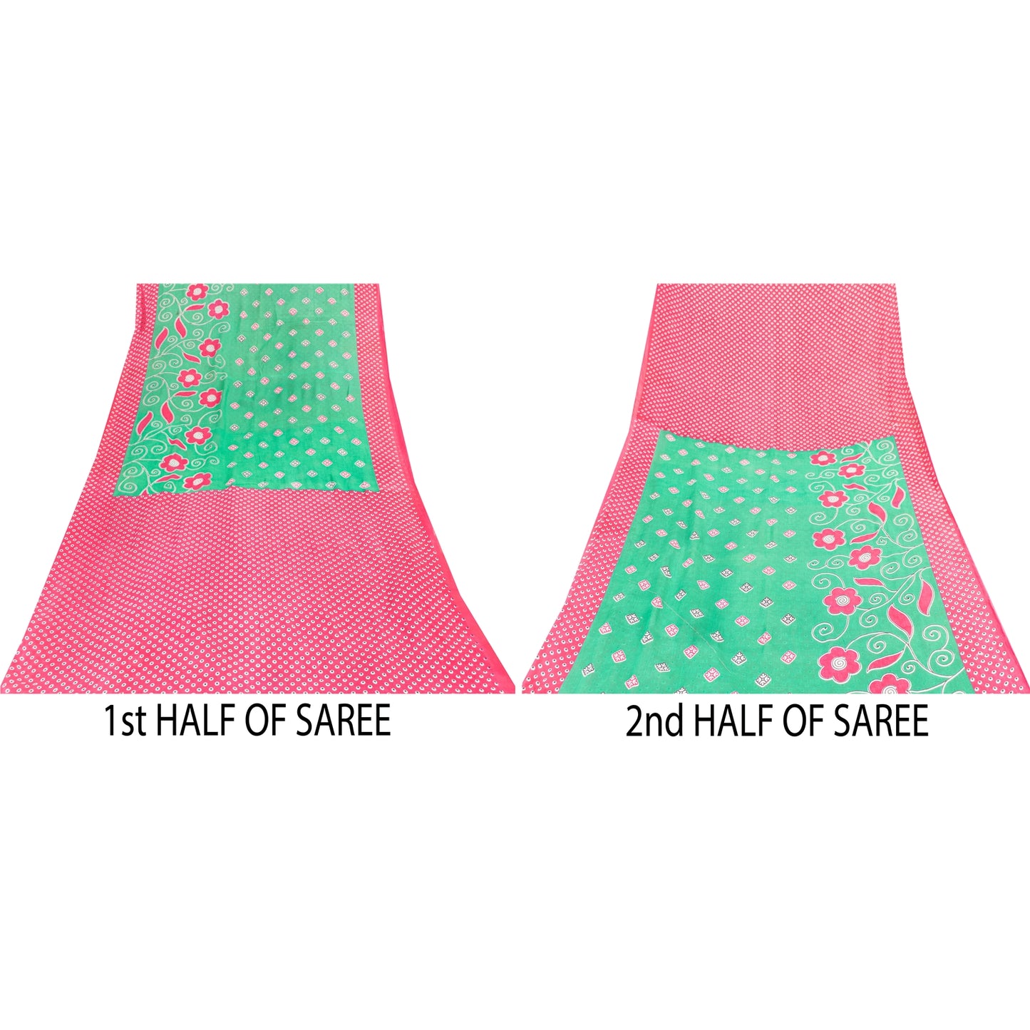 Sanskriti Vintage Sarees Green & Pink Pure Cotton Printed Sari 5+yd Craft Fabric