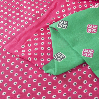 Sanskriti Vintage Sarees Green & Pink Pure Cotton Printed Sari 5+yd Craft Fabric