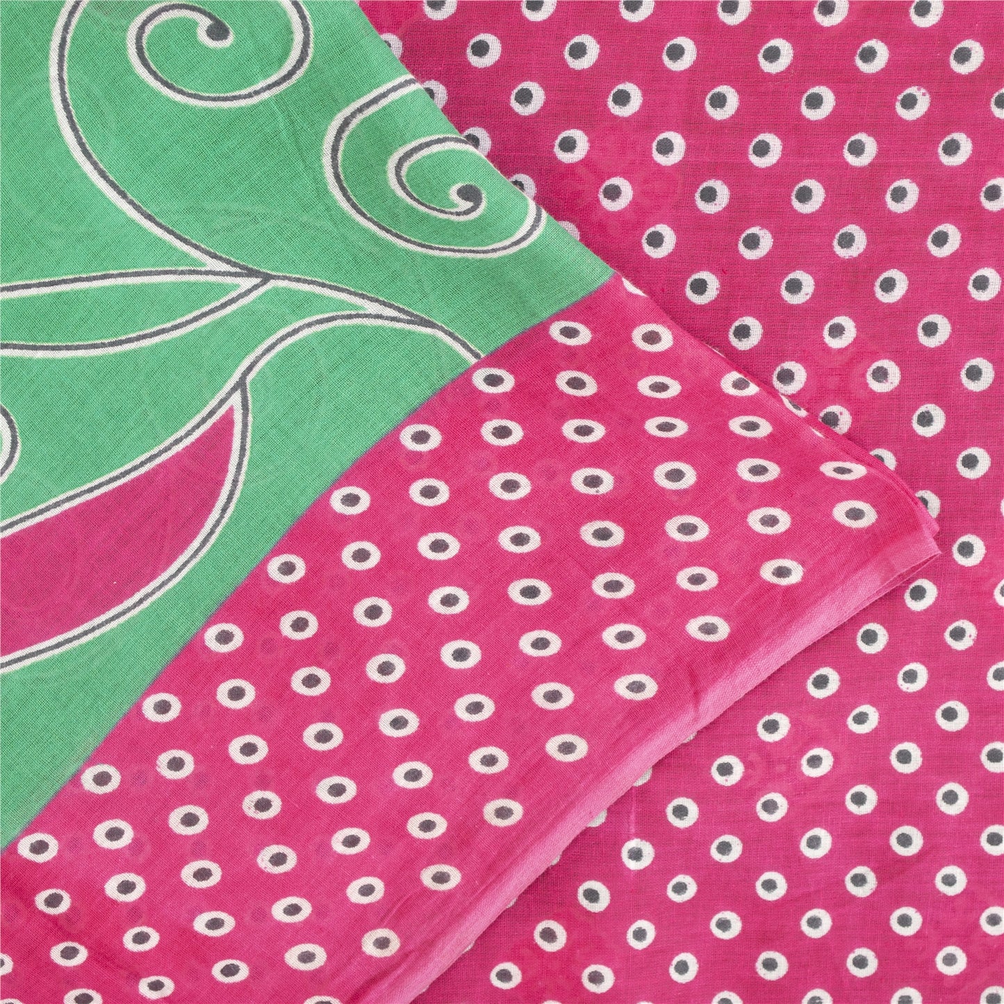 Sanskriti Vintage Sarees Green & Pink Pure Cotton Printed Sari 5+yd Craft Fabric