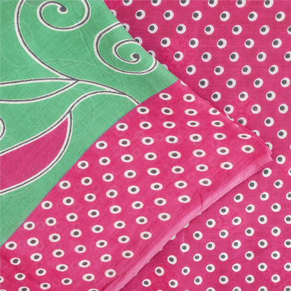 Sanskriti Vintage Sarees Green & Pink Pure Cotton Printed Sari 5+yd Craft Fabric