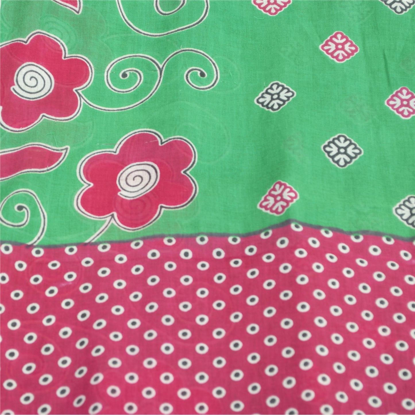 Sanskriti Vintage Sarees Green & Pink Pure Cotton Printed Sari 5+yd Craft Fabric