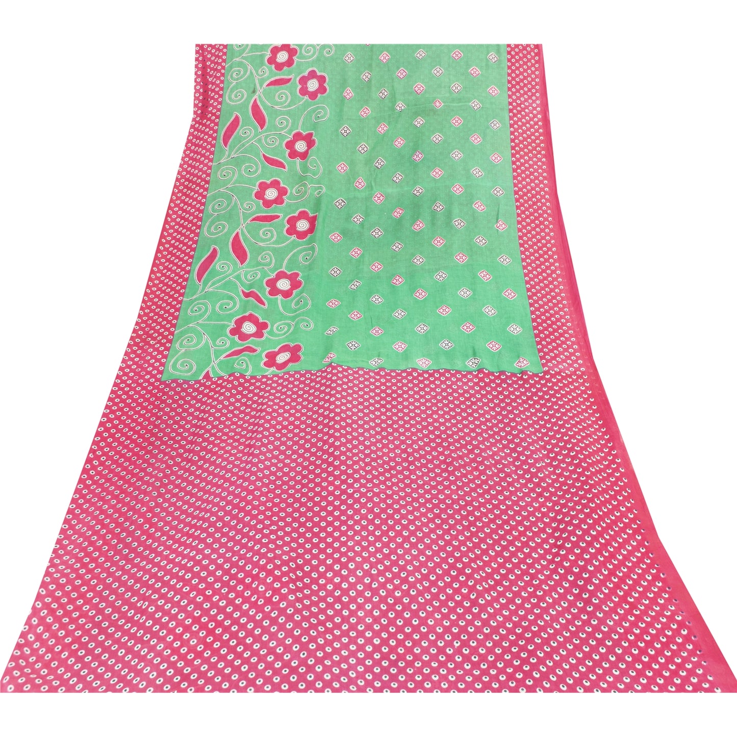 Sanskriti Vintage Sarees Green & Pink Pure Cotton Printed Sari 5+yd Craft Fabric