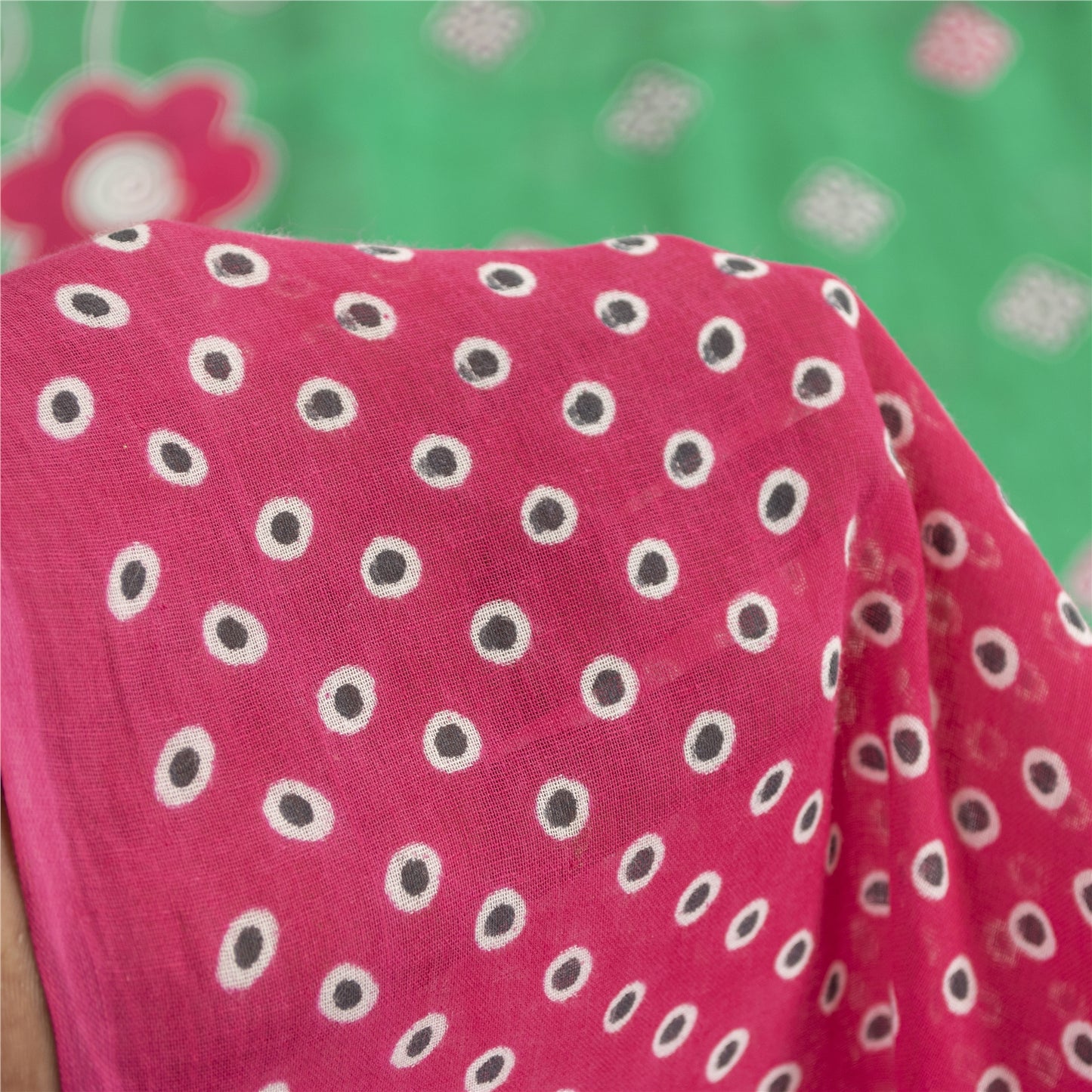 Sanskriti Vintage Sarees Green & Pink Pure Cotton Printed Sari 5+yd Craft Fabric