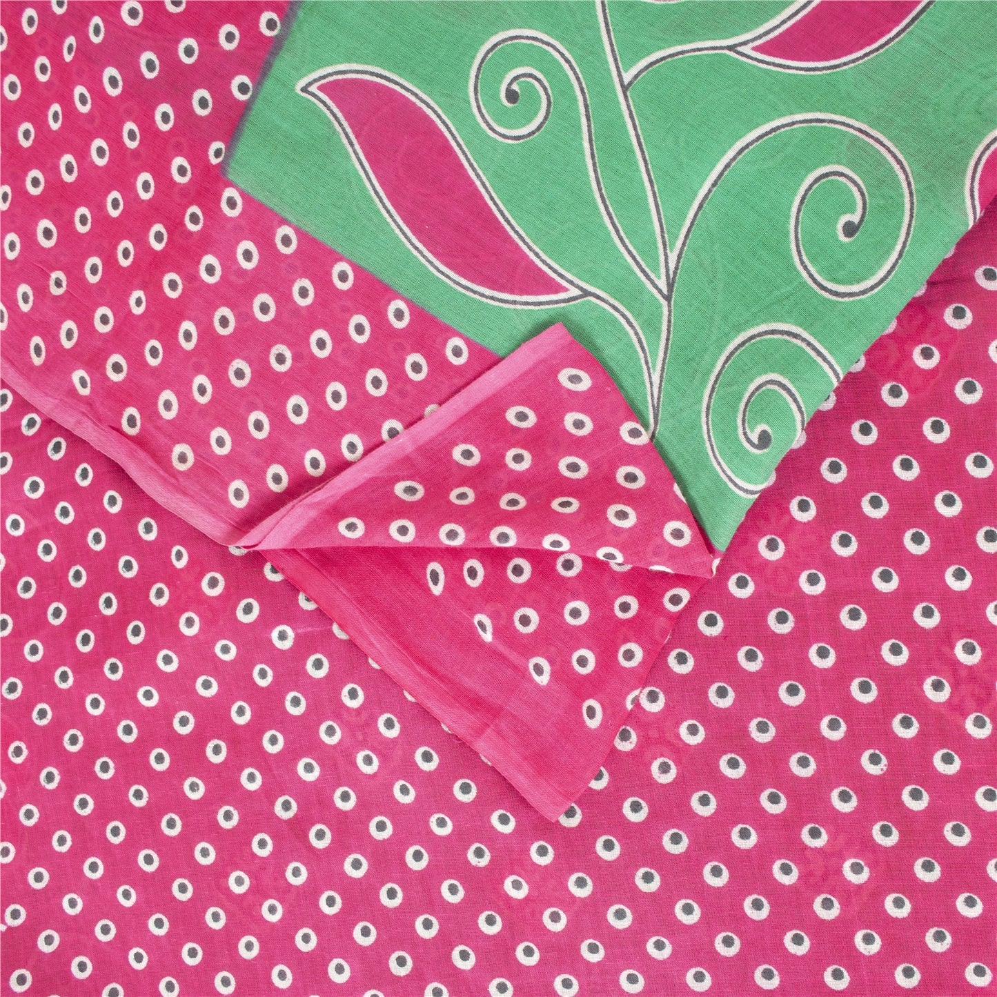 Sanskriti Vintage Sarees Green & Pink Pure Cotton Printed Sari 5+yd Craft Fabric