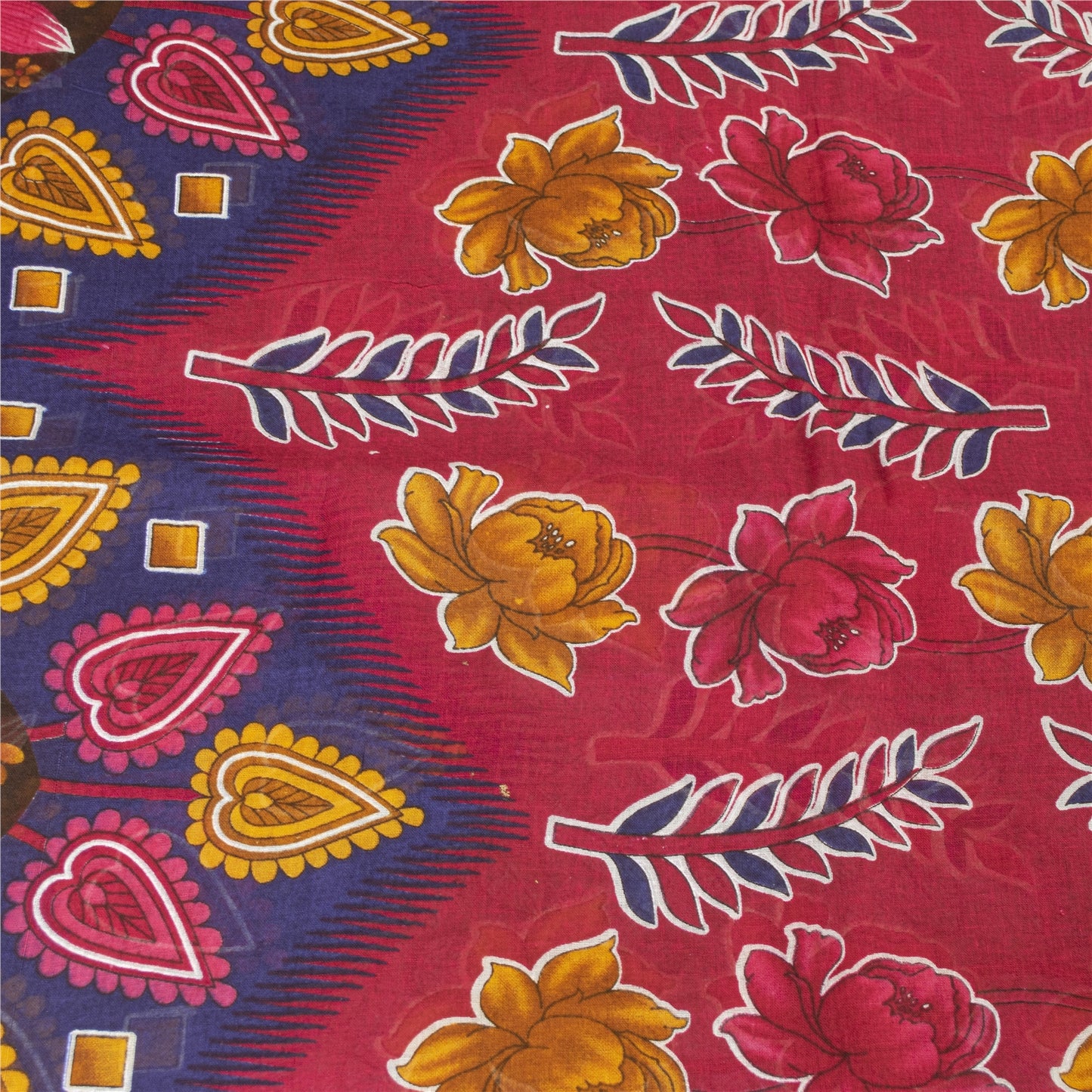 Sanskriti Vintage Sarees Blue & Pink Pure Cotton Printed Sari 5+yd Craft Fabric