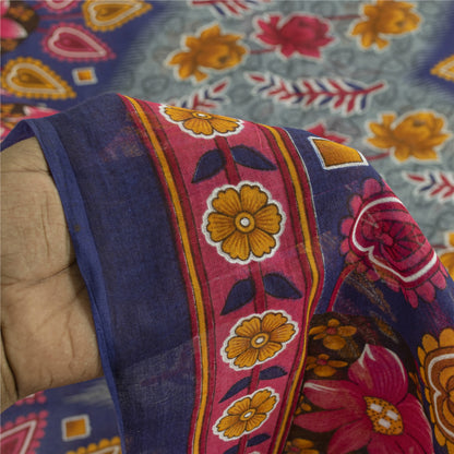 Sanskriti Vintage Sarees Blue & Pink Pure Cotton Printed Sari 5+yd Craft Fabric