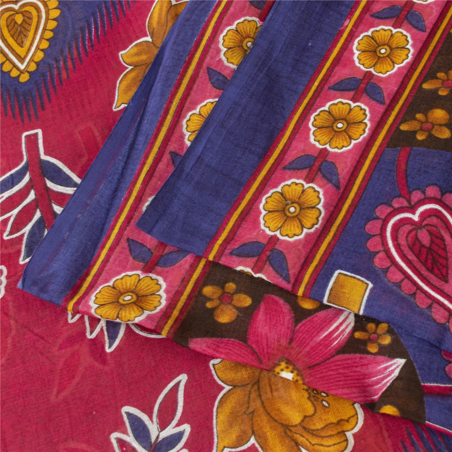 Sanskriti Vintage Sarees Blue & Pink Pure Cotton Printed Sari 5+yd Craft Fabric