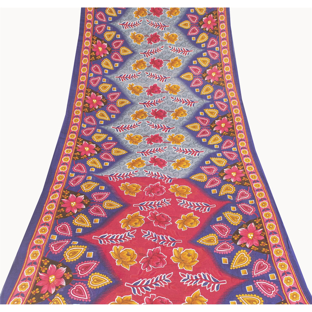 Sanskriti Vintage Sarees Blue & Pink Pure Cotton Printed Sari 5+yd Craft Fabric