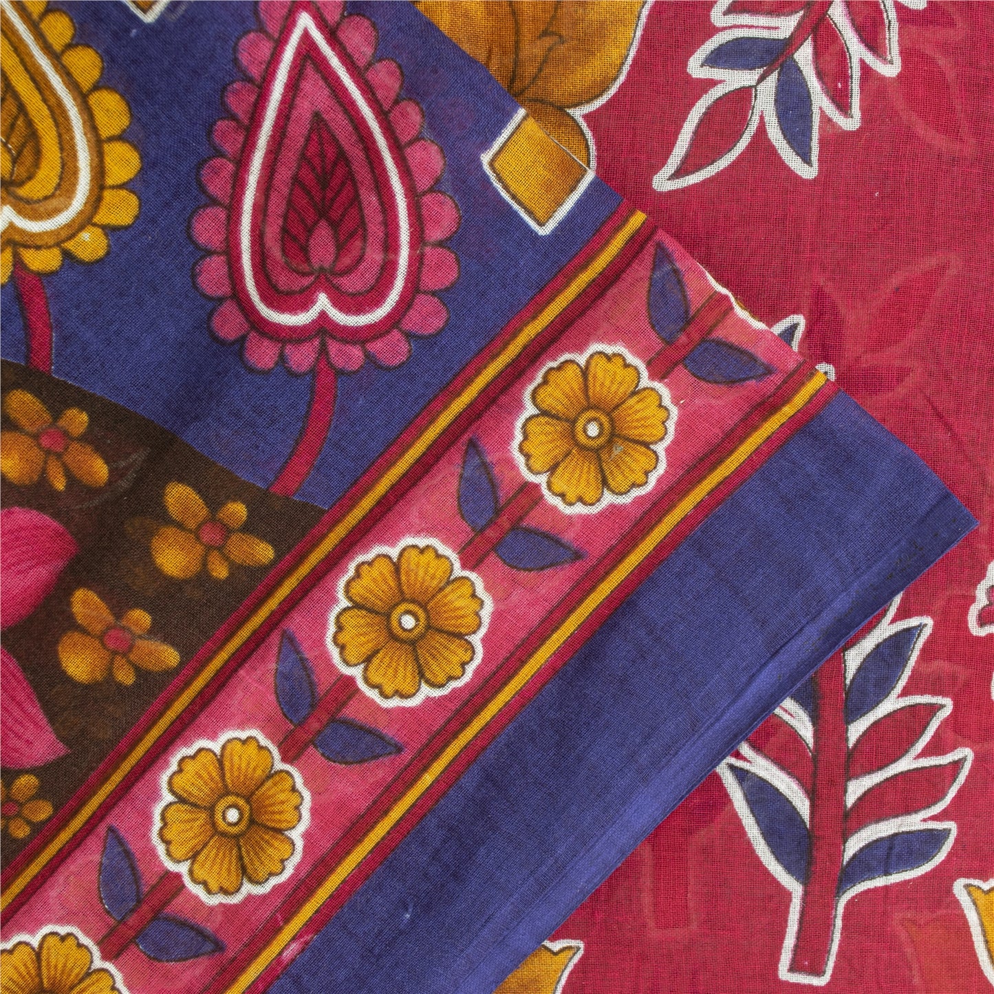 Sanskriti Vintage Sarees Blue & Pink Pure Cotton Printed Sari 5+yd Craft Fabric