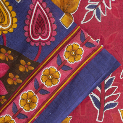 Sanskriti Vintage Sarees Blue & Pink Pure Cotton Printed Sari 5+yd Craft Fabric